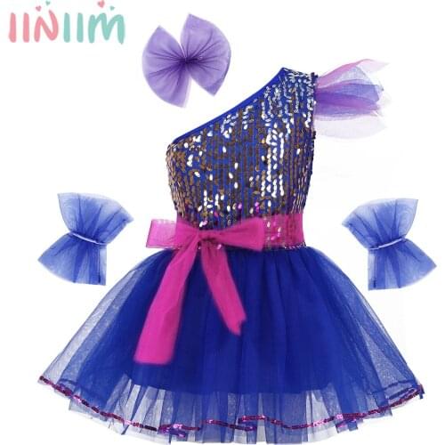 Iiniim Girls Dancewear Fancy Costume Dresses One-Shoulder Sequins Mesh Dress with Hairclip Wristband Flower Tutu Dress for Kids