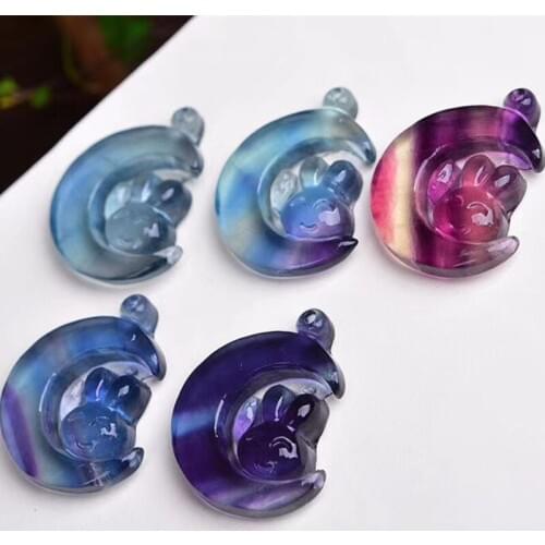 Natural gemstone carving rainbow fluorite moon folk crafts for home decoration