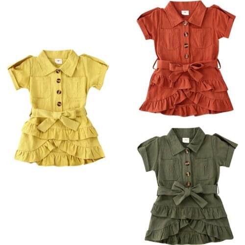 Pudcoco 2020 Toddler Girl Uniform Overall Jumper Dress Turn-Down Collar Ruffles Belted Mini Shirt Dress with Pocket Clothes