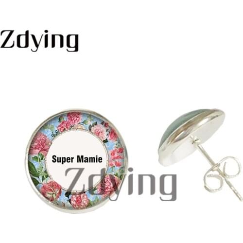 Zdying Bohemia Flower Stud Earring Glass Super Mamie French Letter Picture Cabochon Dome Ear Jewelry For Birthday Gift Mi030