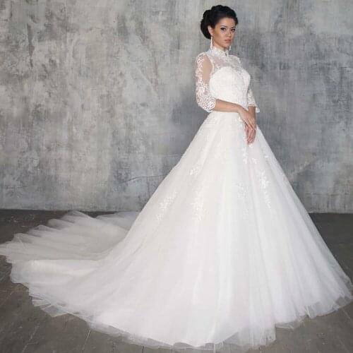 Newest Special Princess Wedding Dresses A-line Robe Femme High Neck Half Sleeve Appliques White Bridal Gowns Vestidos Blancos