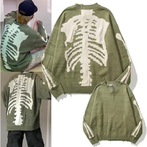 Streetwear Sweater Women Gothic Skulls Knitted Oversize Sweaters Vest Hip Hop Jacquard Hole Loose Jumper Women Long Sleeve Top