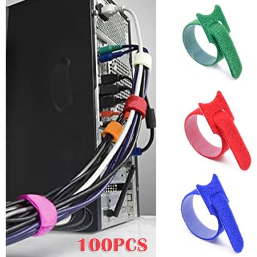 100PCS T-shaped Hook&Loop Cable Tie 1*10/15cm Reusable Fastening Organizer Rope Holder for Laptop PC TV T-shaped Hook Cable Tie