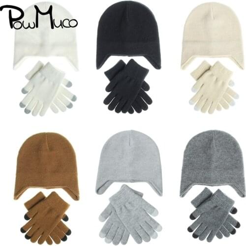 Powmuco Comfortable Warm Knitting Wool Caps and Gloves Two Piece Set Fashion Crochet Ear Protection Hat Girls Hair Accessories