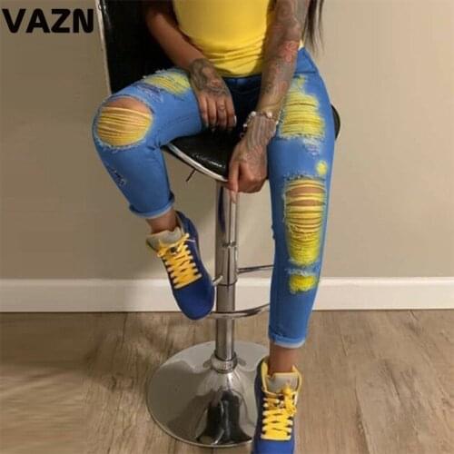 VAZN Top design 2020 spring sexy lady 2 colors solid long jean pants mid waist hole pencil skinny pants lady high street pants