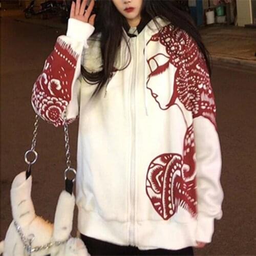 Spring and Autumn New Trendy Chinese Style Paper Cut Pattern Loose Sports and Leisure Hooded Sweatshirt Cardigan Women 's