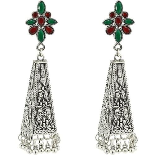 Vintage Indian Bollywood Kundan Carved Flower Jhumka Jhumki Water Drop Earrings Women Boho Ethnic Long Tassel Earring Jewelry