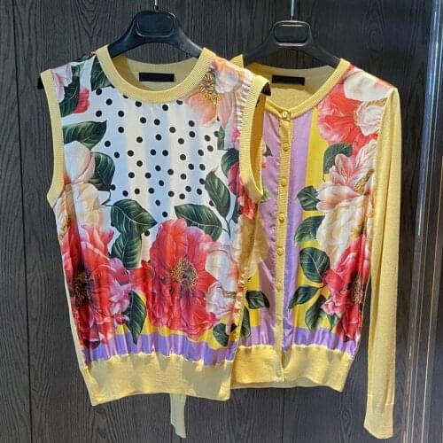 High-Quality Womens Knitwear Sweater Retro Camellia Print Silk Wool Patchwork Cardigan Pullover Tank All-Match Top for 2021