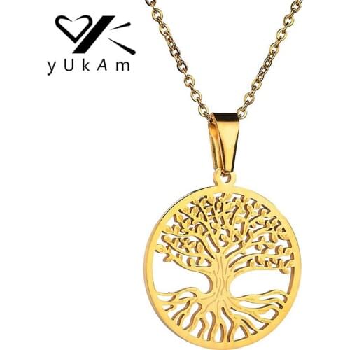 YUKAM Simple Hollow Gold Stainless Steel Round Amulet Tree Pendants Necklaces for Women Family Tree of Life Coin Disc Necklaces