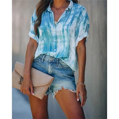 Women Elegant Blouse Shirts Summer Tie Dye Lapel Blouses Femme Short Sleeve Street Style Street Style Clothes Office Lady 2021