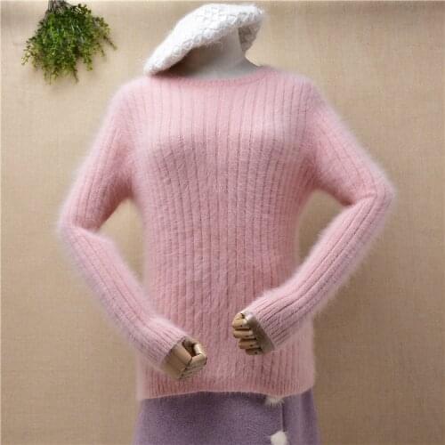 Ladies women fashion sweet pink hairy plush mink cashmere knitted striped slim blouses pullover angora fur jumper sweater pull