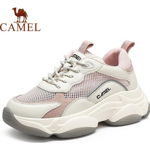 CAMEL Women Chunky Sneakers Mesh Breathable Casual Shoes Flat Platform Thick Bottom Ladies Shoes Pink 2021 Summer New