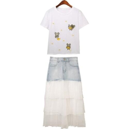 Womens Suit Cartoon Embroidery T Shirt And Mesh Gauze Denim Skirt Summer 2 Piece Set 2021 Matching Outfit Clothes