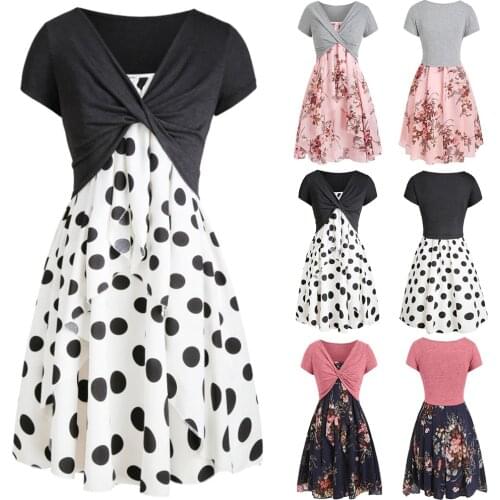 Polka Dot Printed Women A-Line Dress Sundress Fake Two Piece Ladies Short Sleeve Summer Dress 3 Style Black White Dress D30