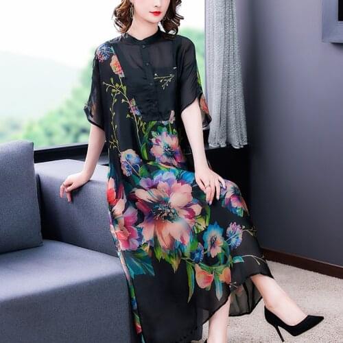 Summer Black Floral 4XL Plus Size Chiffon Midi Dress 2021 Women Vintage Loose Mulberry Silk Beach Dress Elegant Bodycon Vestidos