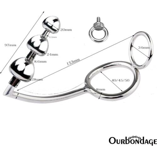 Ourbondage Stainless Steel Anal Hook Metal Butt Plug with Triple Nuts-Shape Ball Anal Dilator Cock Ring For Men BDSM Sex Toys