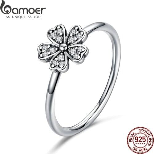 BAMOER Two Colors Fashion Elegant Original 925 Sterling Silver Dazzling Daisy Flower Ring Clear CZ Wedding Jewelry SCR398