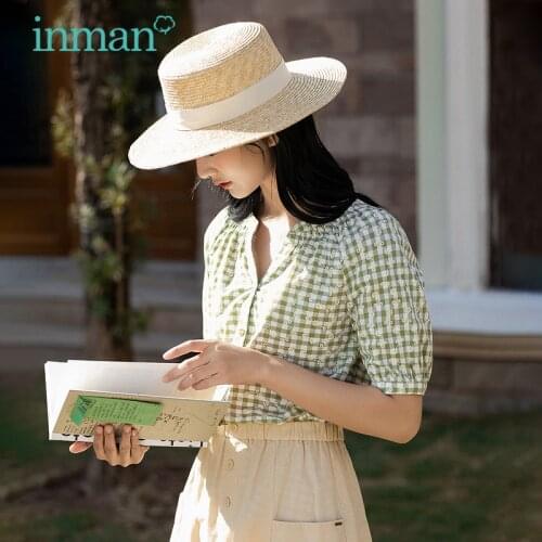 INMAN Plaid Blouse Women Elegant Lady Summer Cotton Notched Winkle Collar Little White Flower Print Girl Short Sleeve Tops Shirt