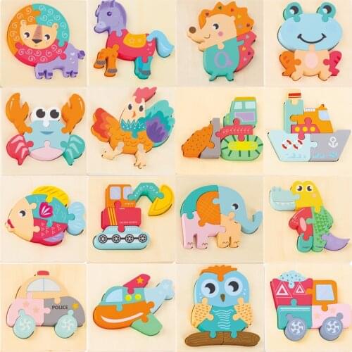 Wooden Puzzle Toys Cartoon Animal Wood Puzzles Cognition Educational Toy Baby Busyboard Smooth No Smell Thicken 3D Jigsaw toy