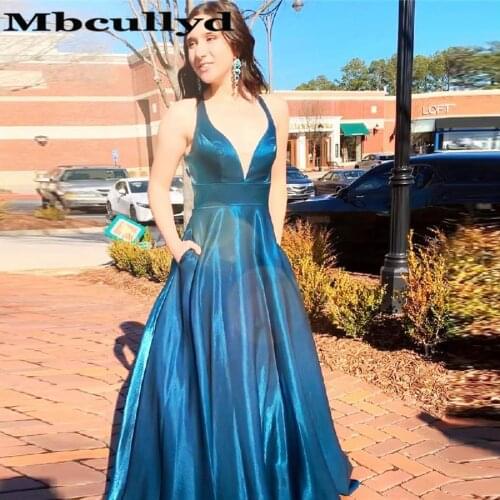 Mbcullyd V-neck Satin Prom Dresses Long 2020 Sexy Cut-out Backless Evening Dress With Pocket Formal Plus Size robe de soiree
