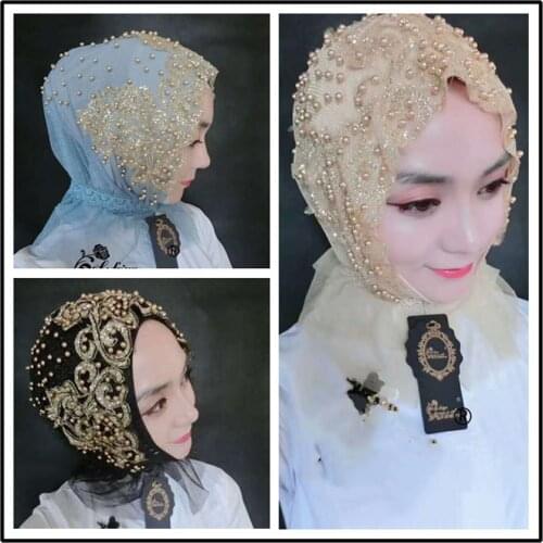 Hijab Scarfs Muslim Turban Abaya for Women Islamic Clothing Long Chiffon Headscarf with Beading Hoofddoek Moslima Prayer Mujer