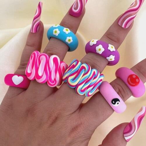 2021 Ins Cute Multicolor Rainbow Stripe Twisted Handmade Ceramic Clay Ring for Women Girls Simple Heart Flower Rings Y2K Jewelry