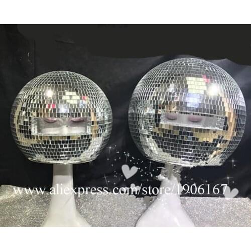 Ballroom dance costumes mirror men women singer stage show wears dj clothes Glass ball led helmet catwalk disco performance