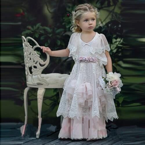 New White Lace Flower Girls Dresses for Weddings A-Line V neck Girls First Communion Pageant Party Gowns Vestidos Longo Any Size