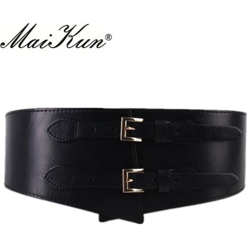MaiKun Wide Belts for Women Luxury Cowhide Double Retro Pin Buckle Women Belts for Dress Female Waistband