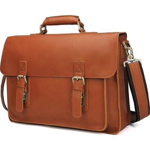 Nesitu Brown Durable Thick Vegetable Tanned Genuine Leather Mens Briefcase Portfolio 14'' Laptop Men Messenger Bags M7105