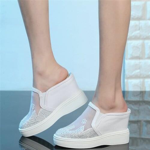 Rhinestones Slippers Women Cow Leather Wedges High Heel Gladiator Sandals Female Breathable Lace Fashion Sneakers Casual Shoes