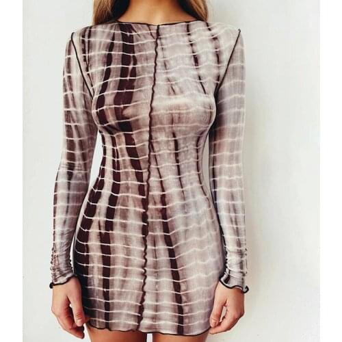 Sexy Fashion Slim Street Casual vestido de manga larga Sexy Stripe Print Bodycon Mini vestido Party Women dress simple