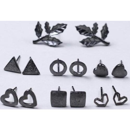 Trendy Silver Plated Earrings For Women Jewelry Fashion Black Heart Leaf Square Triangle Round Stud Earrings Female Bijou