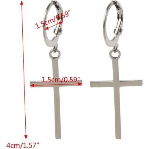 Stainless Steel Huggie Hinged Hoop Earrings with Dangling Cross Korean Jewelry E56A