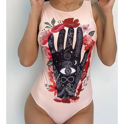 Printed Floral One Piece Swimsuit Women Monokini Backless Round Neck Push-up Padded Bikini Summer Swimming Swimwear Bathing Suit