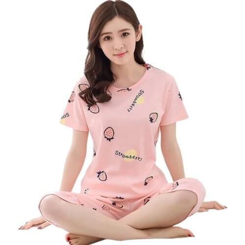 Women sleepwear summer cotton pajamas women short-sleeved cropped trousers cute sweet simple home clothing