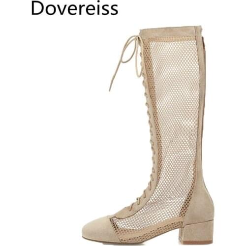 Dovereiss Fashion Womens Shoes summer Sexy Elegant Ladies Boots Mesh Elegant Cross tied Knee High Boots new Mature 34-43