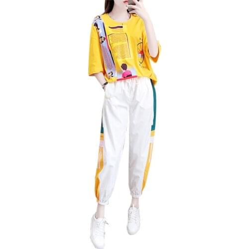 NEW Large size women Sporting suit female summer printing Lady clothes set 2 piece set T-shirt + Haroun pants Free shipping 1562