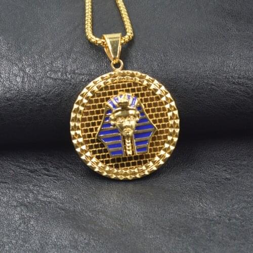 Gold Color Stainless steel Egyptian Pharaoh Head Face Pendant Necklace Men Women Design HipHop Style Long Chain Necklace Jewelry