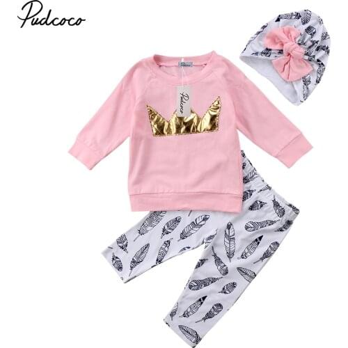 2018 Brand New Adorable Toddler Infant Child Kid Baby Girl Pink Crown Top T-shirt Pants Hat 3Pcs Set Clothes Long Sleeve Outfits