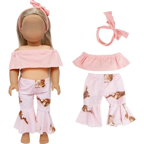 Handmade 1 Set Pink Off Shoulder Blouses + Printed Trousers Doll Accessories Princess Clothes for 18 Inch Girl Doll Toy