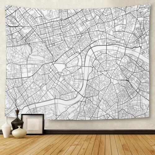Line Black and White City Map of London with Well Organized Separated Layers Sketch Street Tapestry Wall Hanging for Living Room