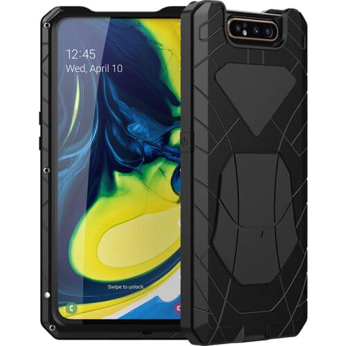 For Samsung Galaxy A80 Phone Case Hard Aluminum Metal Tempered Glass Screen Gift Protector Cover Heavy Duty Protection Cover