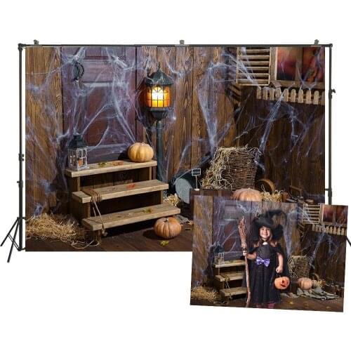 Halloween Photography Backdrop Pumpkin Cobwebs Vintage In Wood House Barn Banner Studio Background Festival Poster Portrait Prop