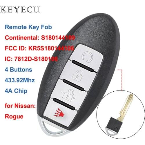 Keyecu S180144109 Remote Car Key Fob 4 Buttons 433.92Mhz 4A for Nissan Rogue 2017 2018 FCC ID: KR5S180144106, IC: 7812D-S180106