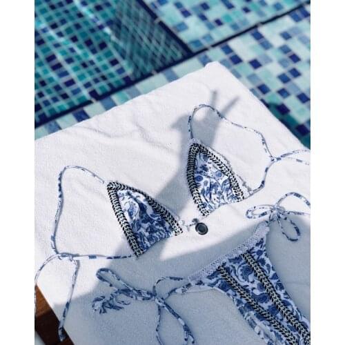 Lace Bikini Set for Female Blue White Bandage Swimsuit High Waist Micro Thong Swimwear Bathing Suits Beachwear