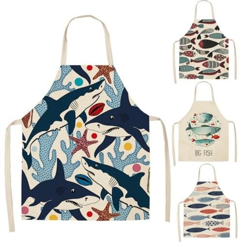 Marine Animals Printed Kitchen Aprons for Women Kids Sleeveless Cotton Linen Bibs Cooking Baking Cleaning Tools