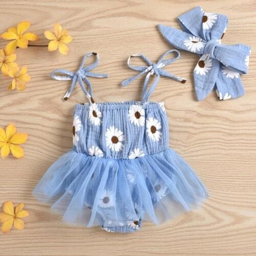 Summer Baby Girls Bodysuit Newborn Flower Clothes 2021 Cotton Jumpsuit+headband 2pcs Twins Clothing Party Outfits 0-3y Infants