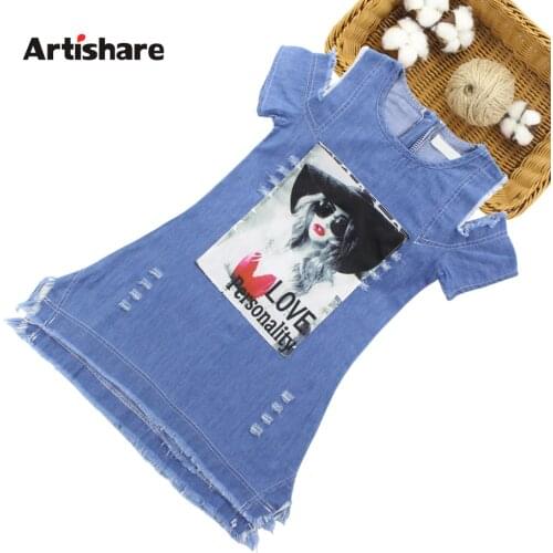 Artishare Summer Dress For Girls Cartoon Girls Denim Dress Casual Off Shoulder Kids Dresses For Girls 6 8 10 12 14 Year Clothes