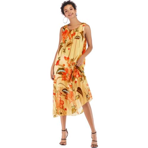 2020 Summer New Women Beach Dresses Sleeveless O-Neck Print Large Swing Chiffon Dresses Casual Thin Sexy Loose Dress